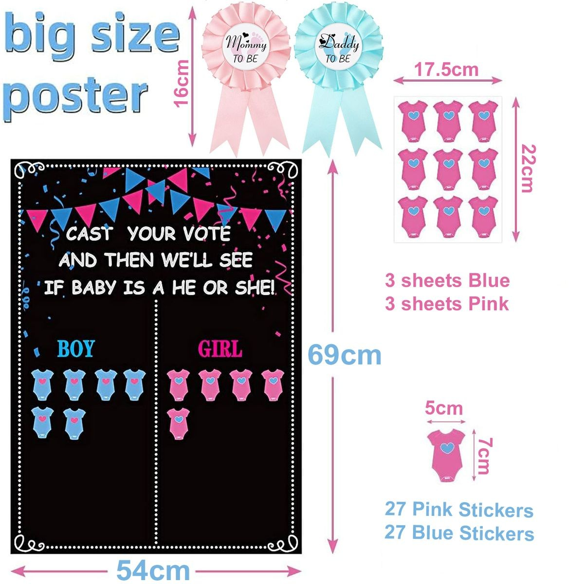 Cart In Mart 57 Piece Voting Gender Reveal Games & Baby Shower Party Decorations- Large