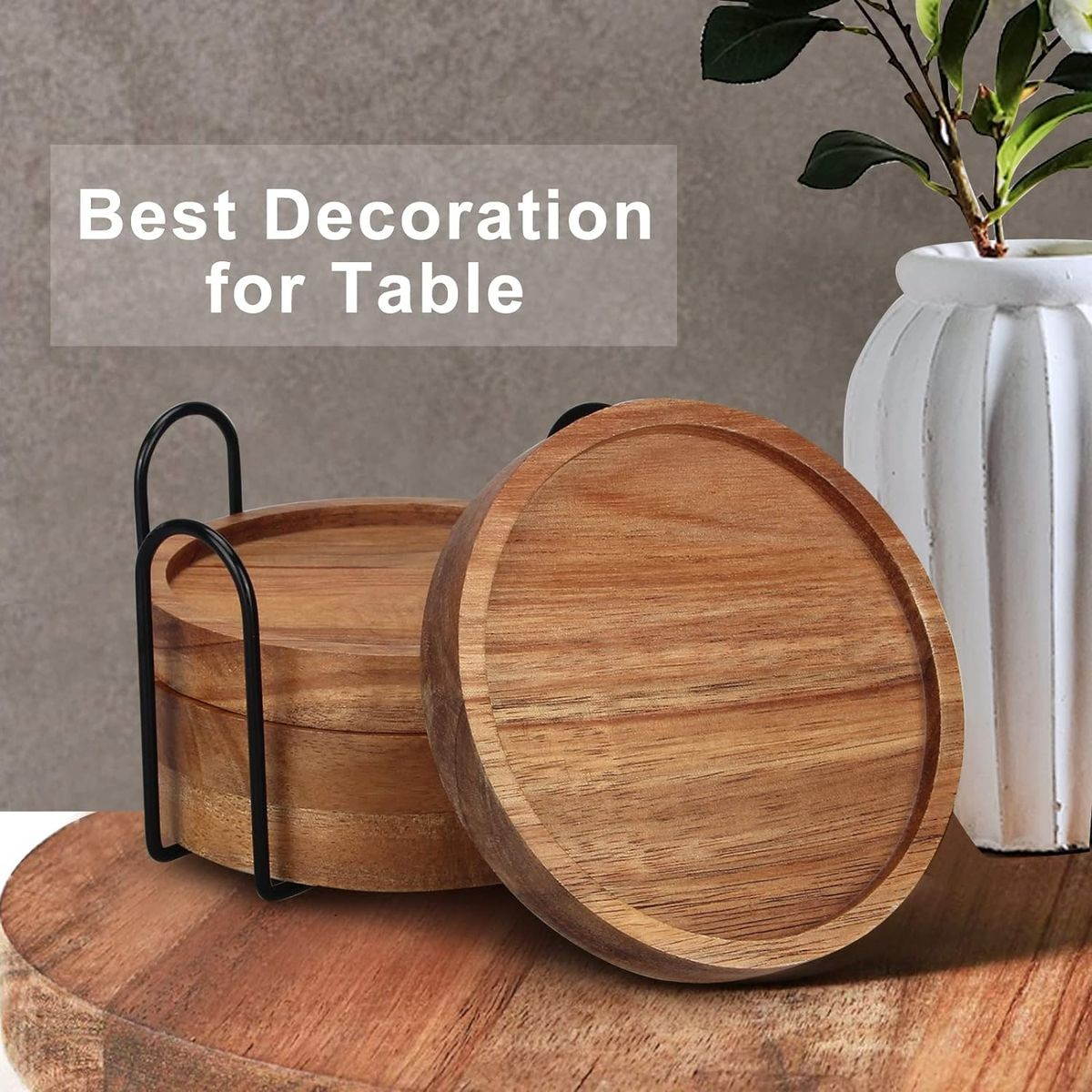Cart In Mart 6 Pack Wooden Drink Coasters With Holder For Cups Barware Coffee Cups Mugs