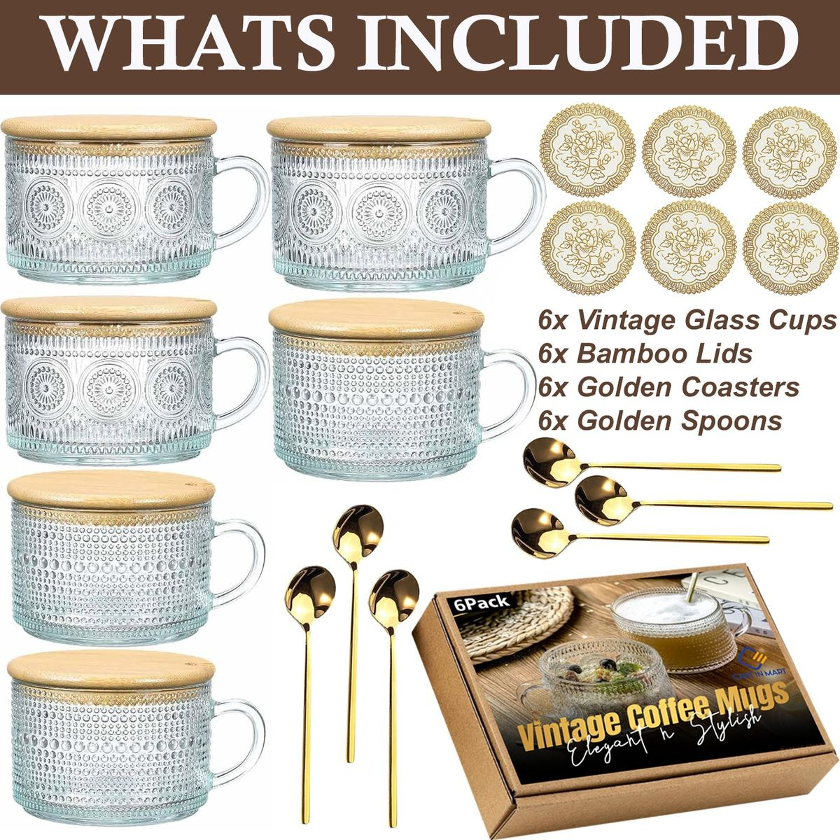 Cart In Mart 6-Pack (24 Piece) Vintage Glass Coffee Mugs Overnight Jars Tea Cups With Bamboo Lids