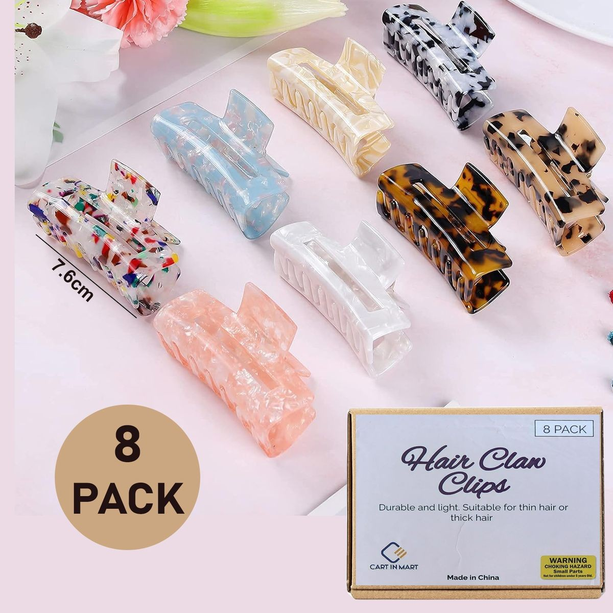 Cart In Mart 8 Pack Hair Claw Clips For Women Girls Fashion Tortoise Barrettes Rectangle