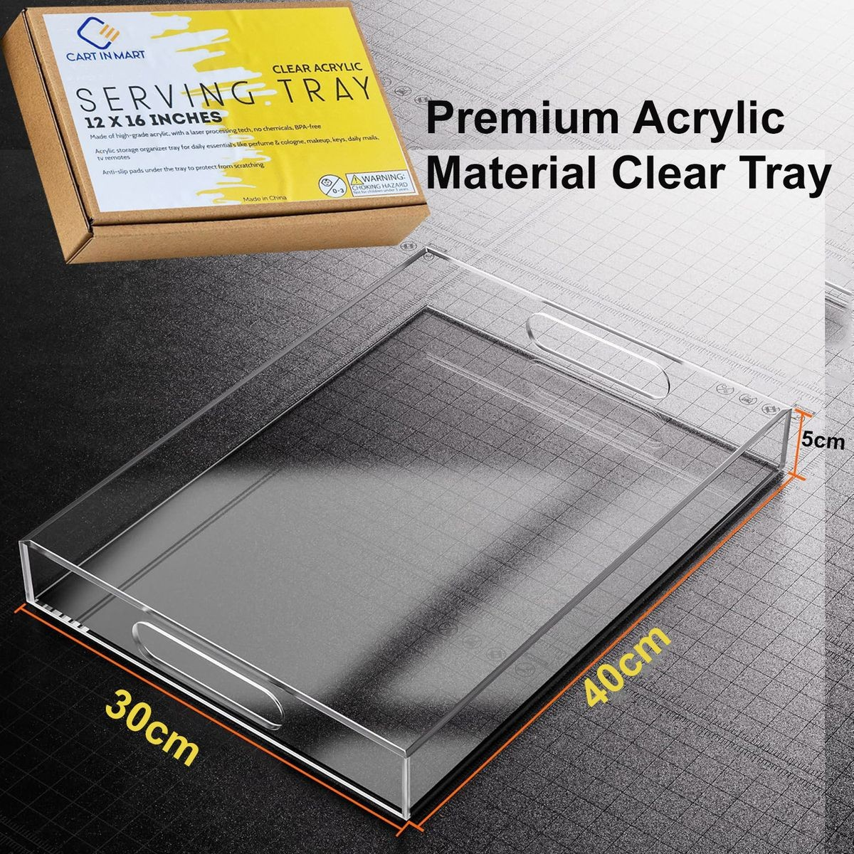 Cart In Mart Large Acrylic Serving Tray With Handles - Table Countertop Organiser Decor Clear