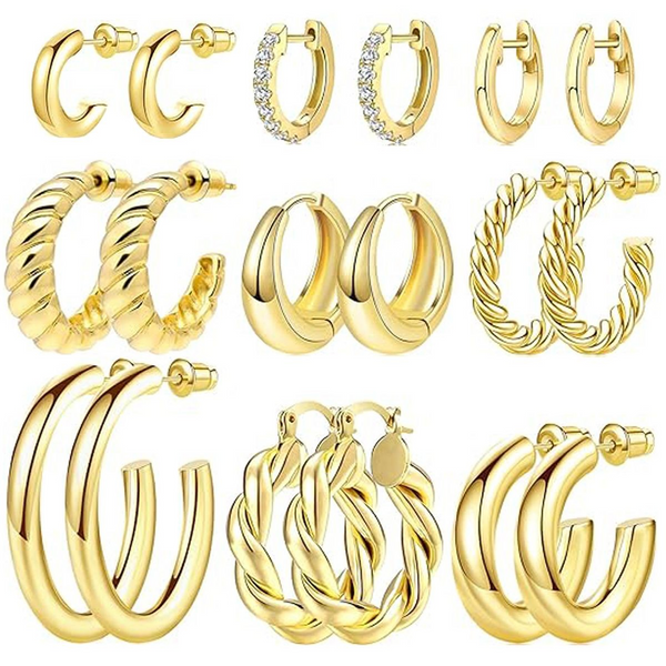 Cart In Mart 9 Pairs Hypoallergic Earrings For Women- 925 Sterling Silver & Gold Plated