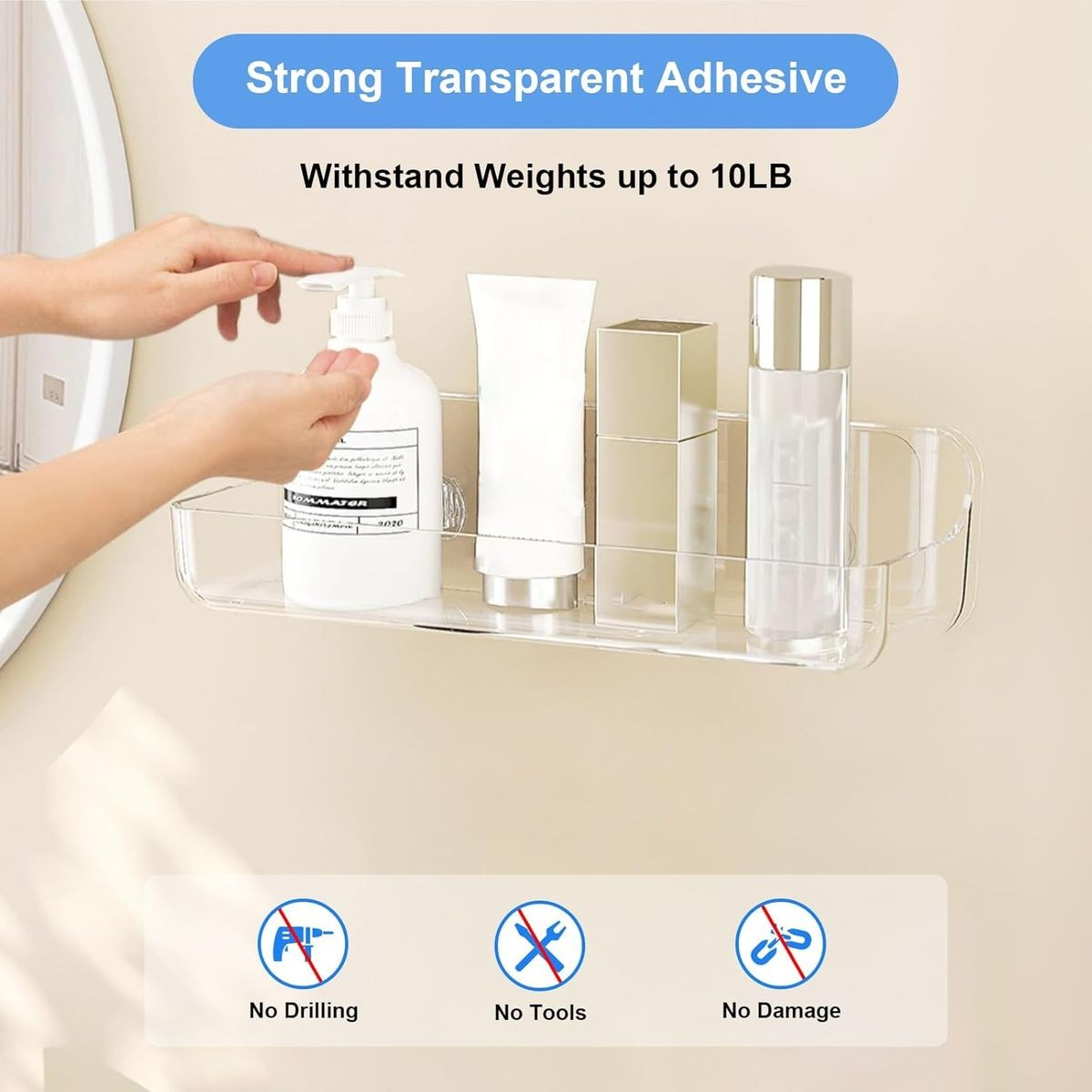 Cart In Mart Large Clear Acrylic Shower Caddy No Drill Wall Mounted Adhesive Shelf