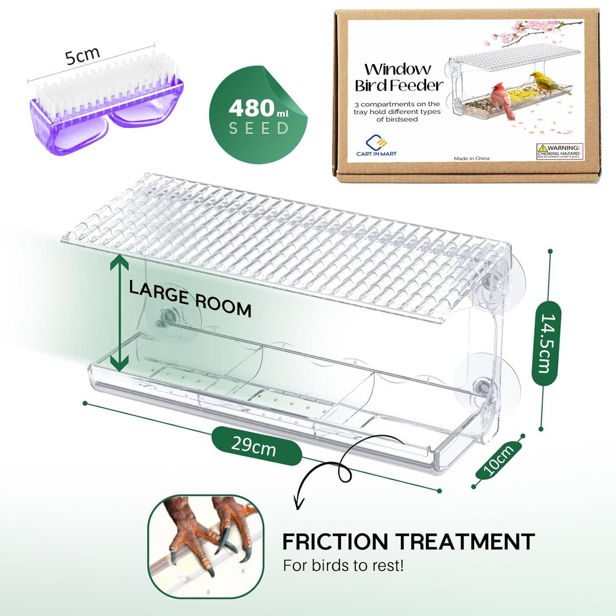 Cart In Mart Clear Window Bird Feeder for Outside With Self Adhesive Hooks Garden Decor