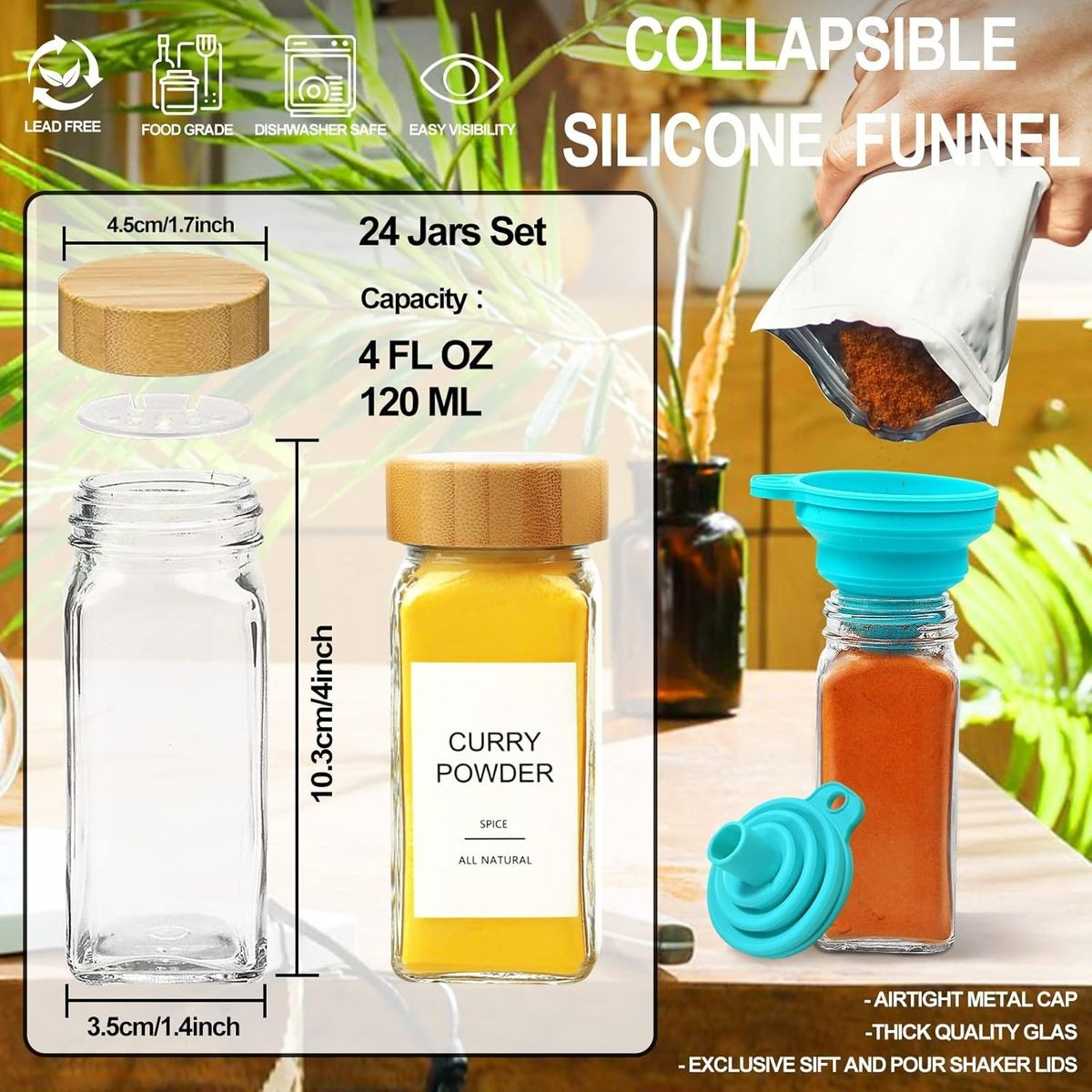 Cart In Mart 24 Pack Spice Jars Containers With Bamboo Lid Spoon Labels Brush Pen Funnel