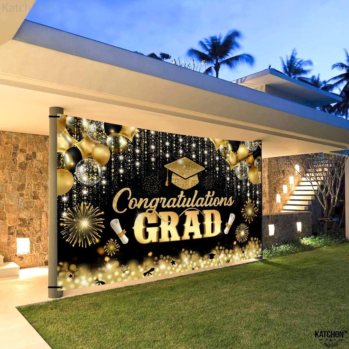 Cart In Mart Congratulations Graduation Banner Backdrop-180x110cm-Glitter Black & Gold