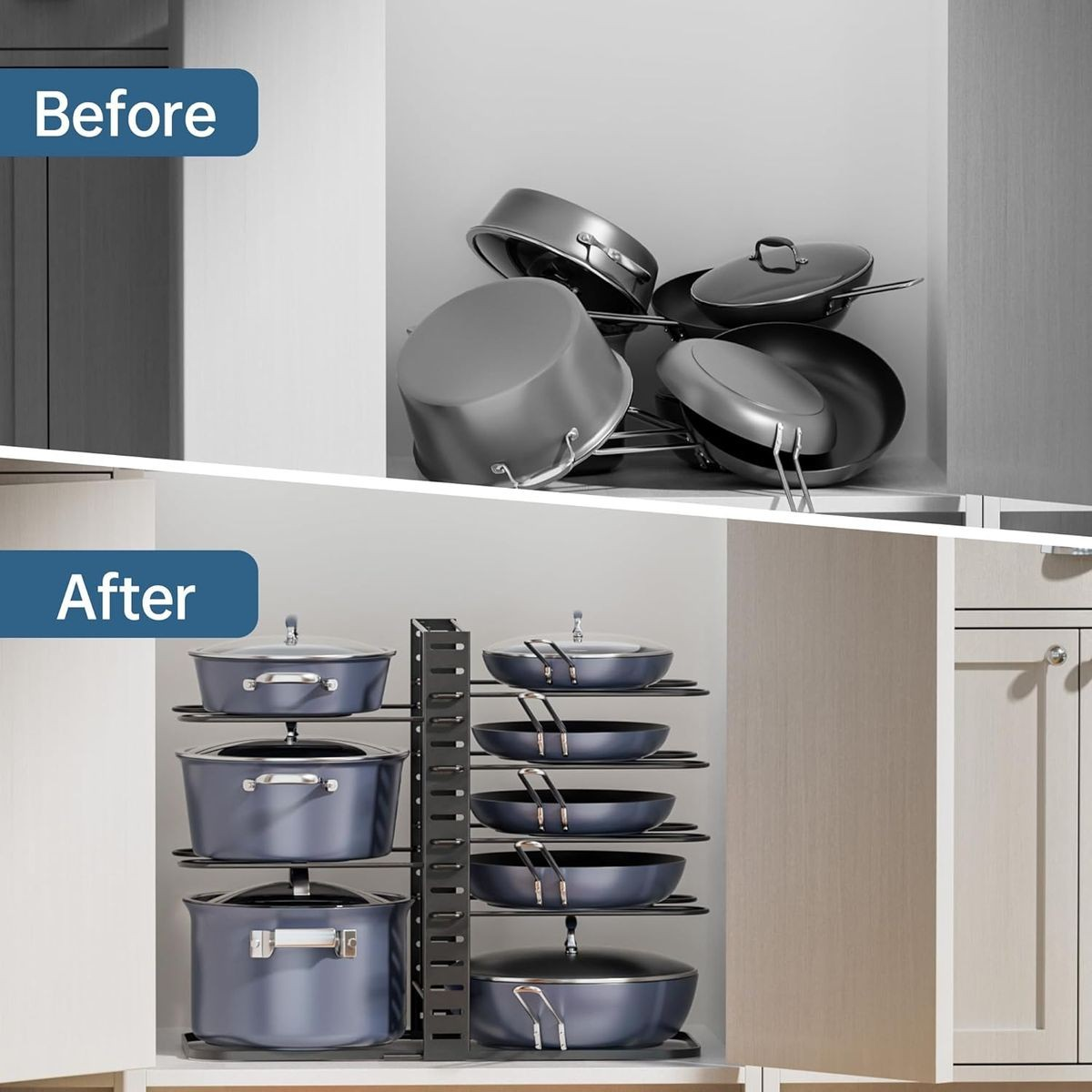 Cart In Mart 8 Tier Pot And Pan Organiser Rack Adjustable Under Or In Cabinet- 3 Methods