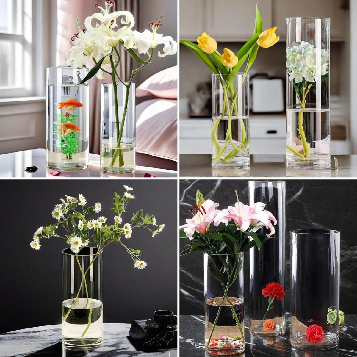 4-Pack Clear Cylindrical Glass Vases | Wedding Decor & Floating Candles | Cart In Mart