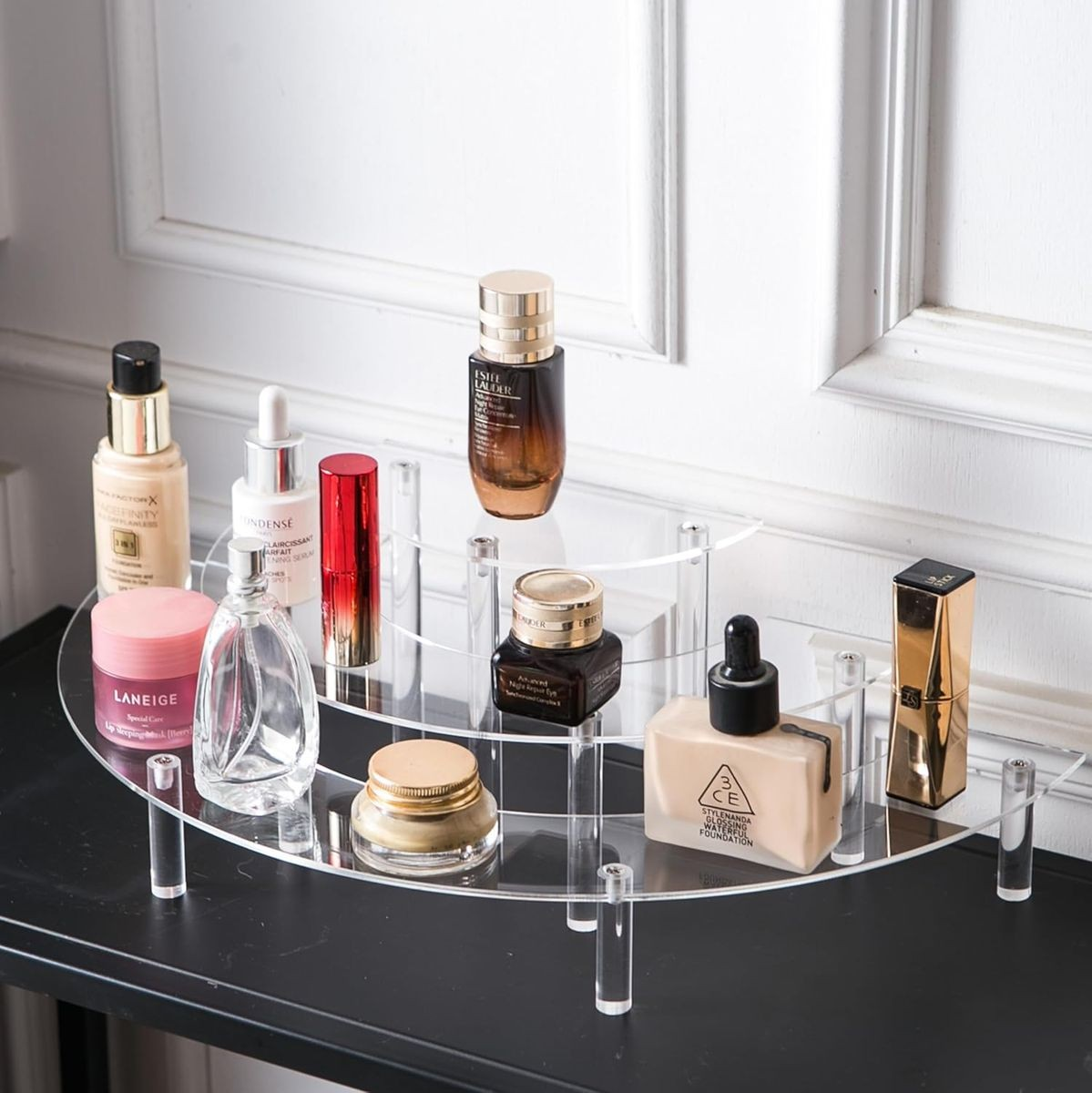 Cart In Mart 3 Tier Clear Acrylic Display Riser Stand Perfume Cupcake Organiser-Crescent - 2 Pack