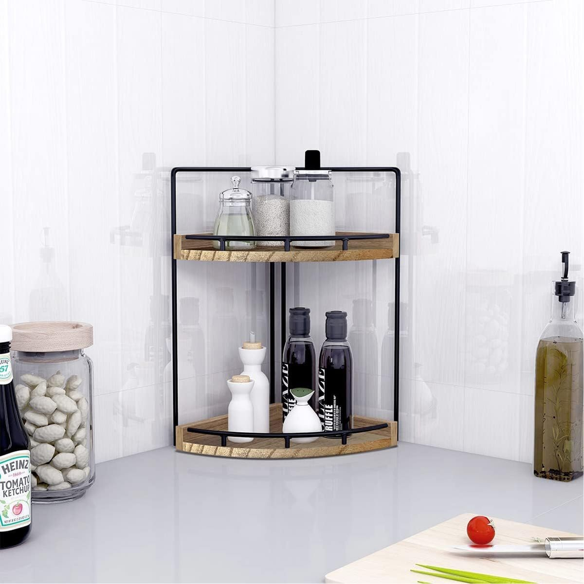 Cart In Mart 2-Tier Vanity Bathroom Counter Corner Shelf Organiser Kitchen Storage-Wood
