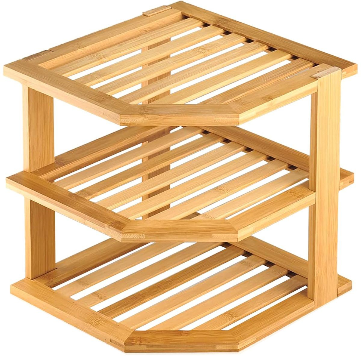 Cart In Mart 3 Tier-Bamboo Corner Shelf Plate Organizer For Kitchen and Bathroom Storage