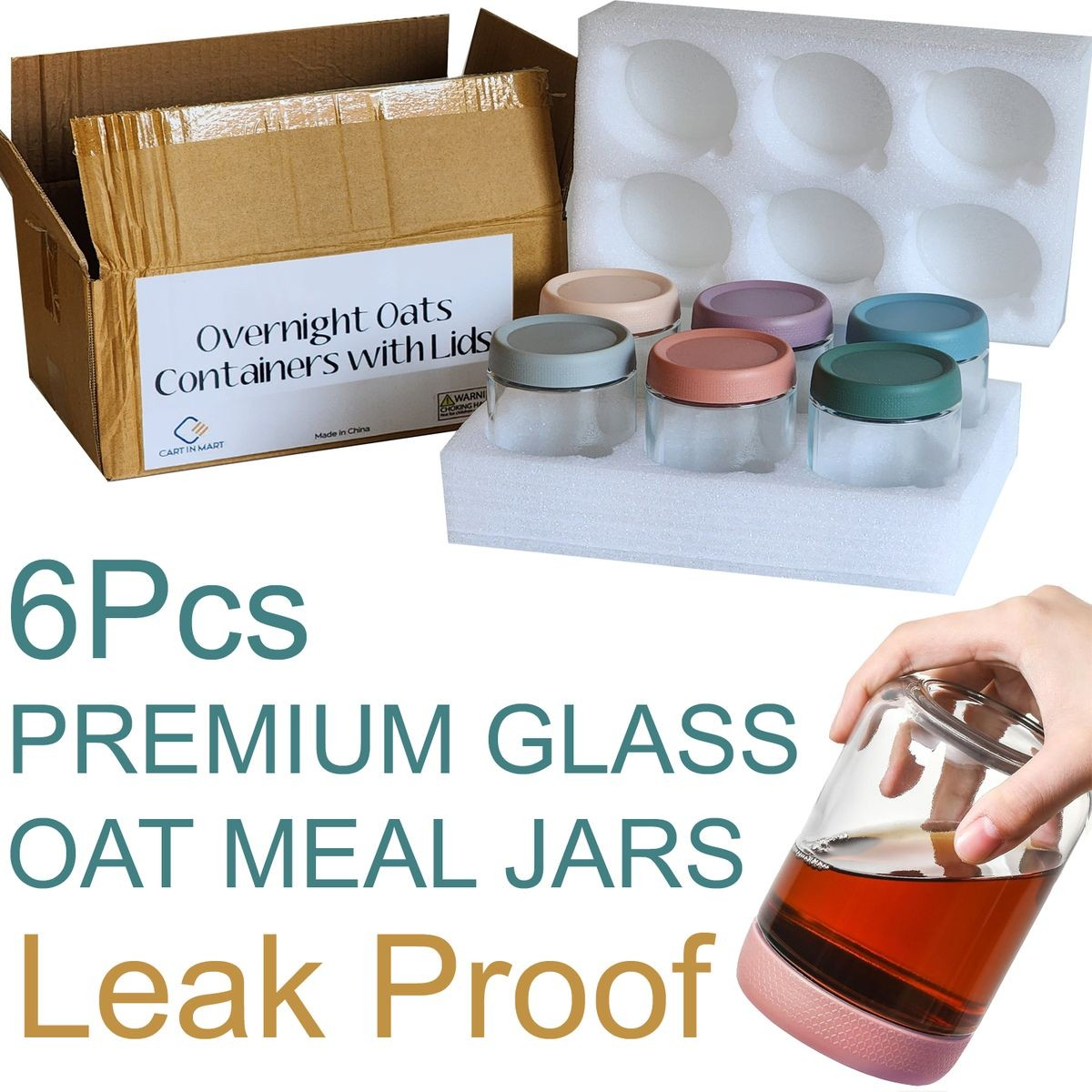 Cart in Mart 6-pack Overnight Oats Glass Jars Mason Containers With Airtight Lids-475ml