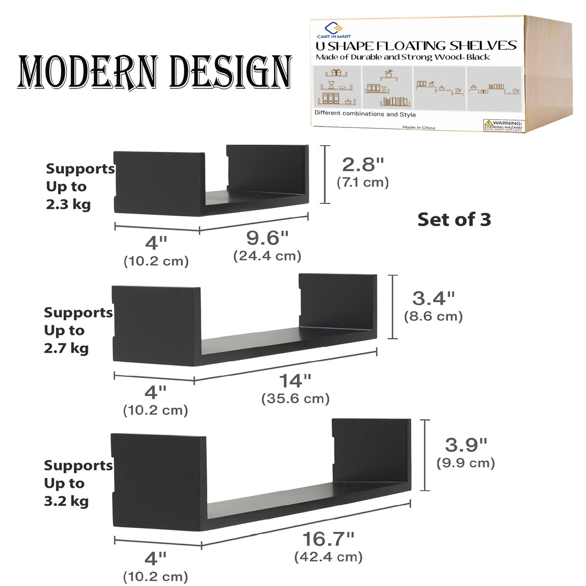 Cart In Mart 3 Piece U shape Wooden Floating Shelves For Bedroom Bathroom Wall Décor - Black