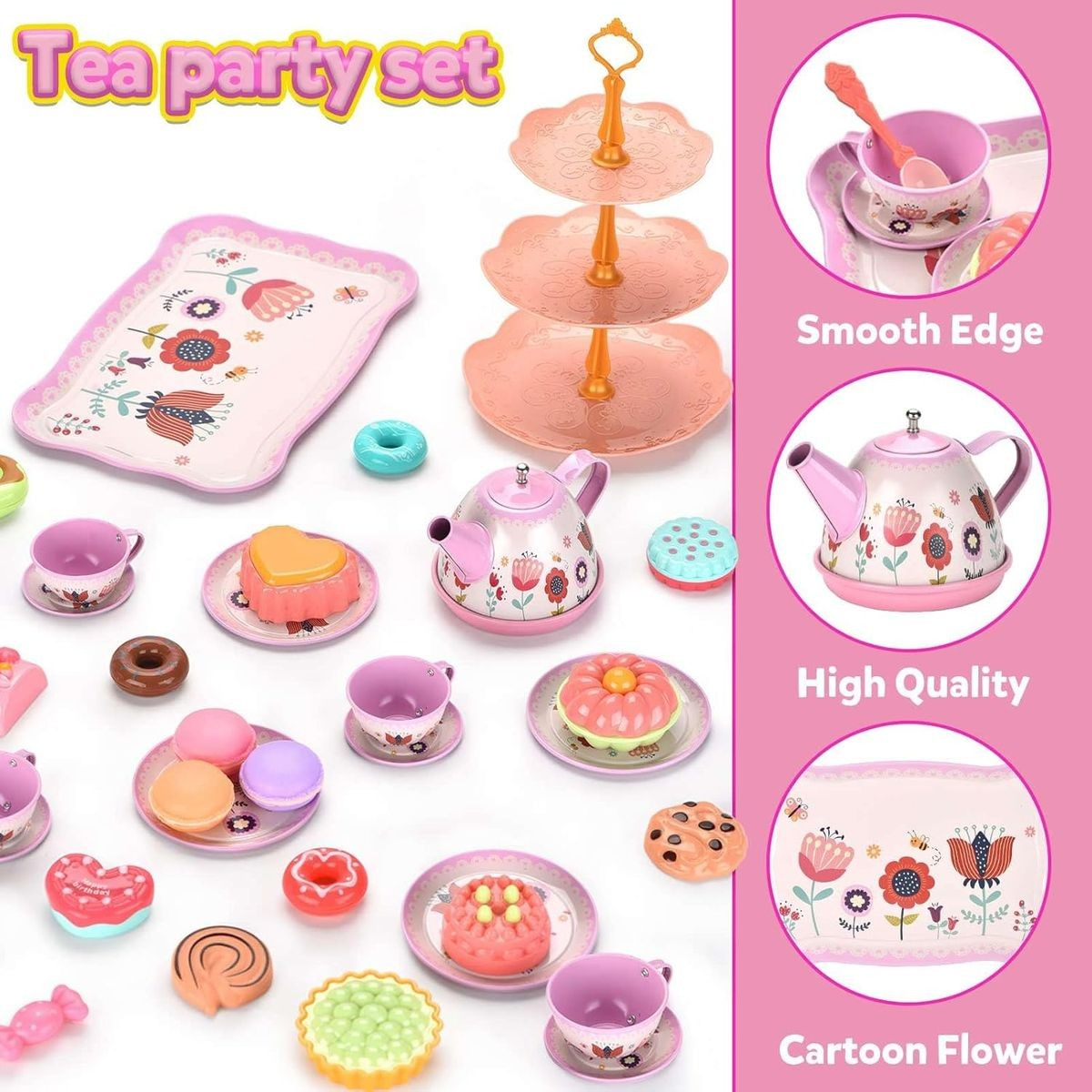 Cart In Mart 46 Piece Princess Tea Party Set For Little Girls Pretend Play -Flower Theme