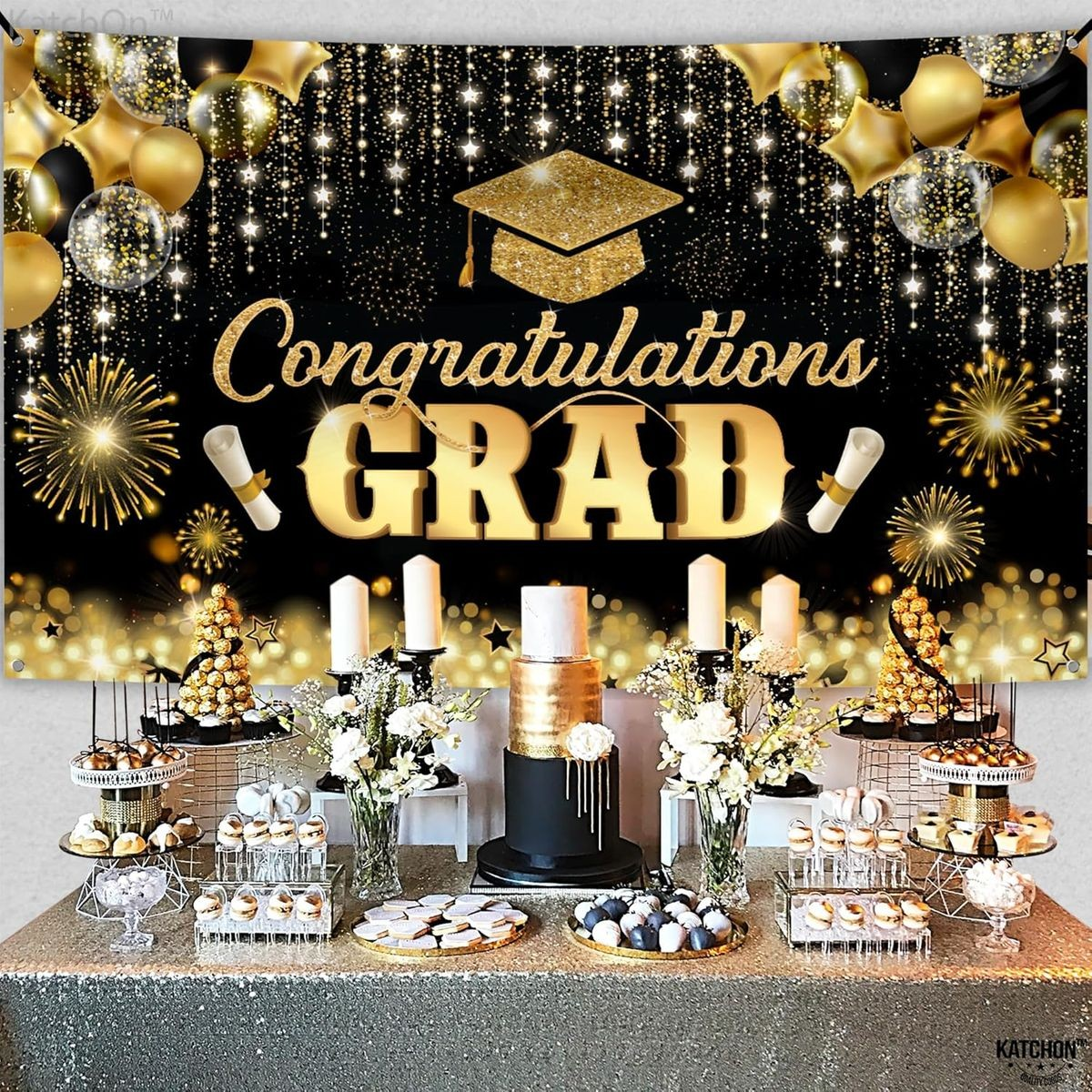 Cart In Mart Congratulations Graduation Banner Backdrop-180x110cm-Glitter Black & Gold