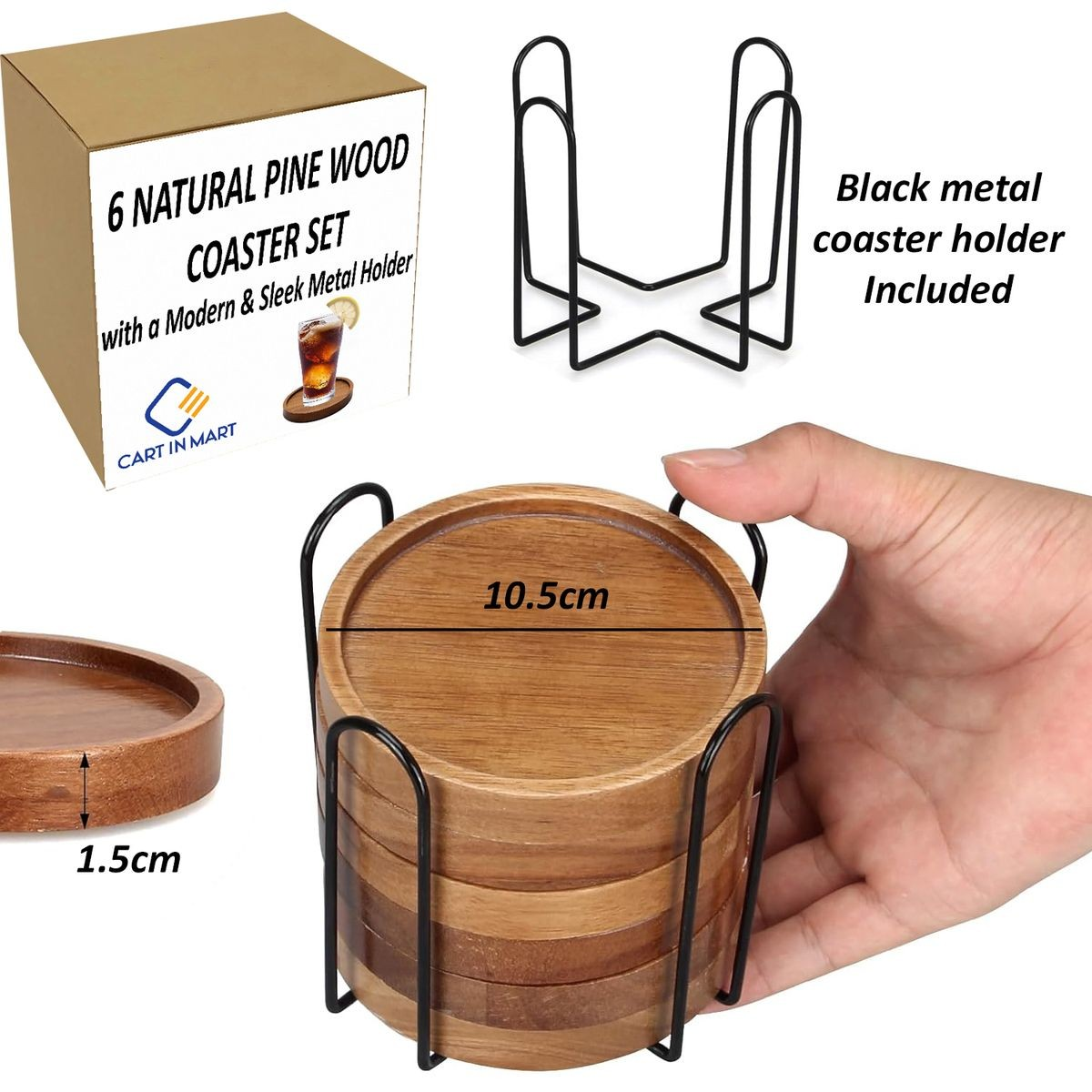 Cart In Mart 6 Pack Wooden Drink Coasters With Holder For Cups Barware Coffee Cups Mugs