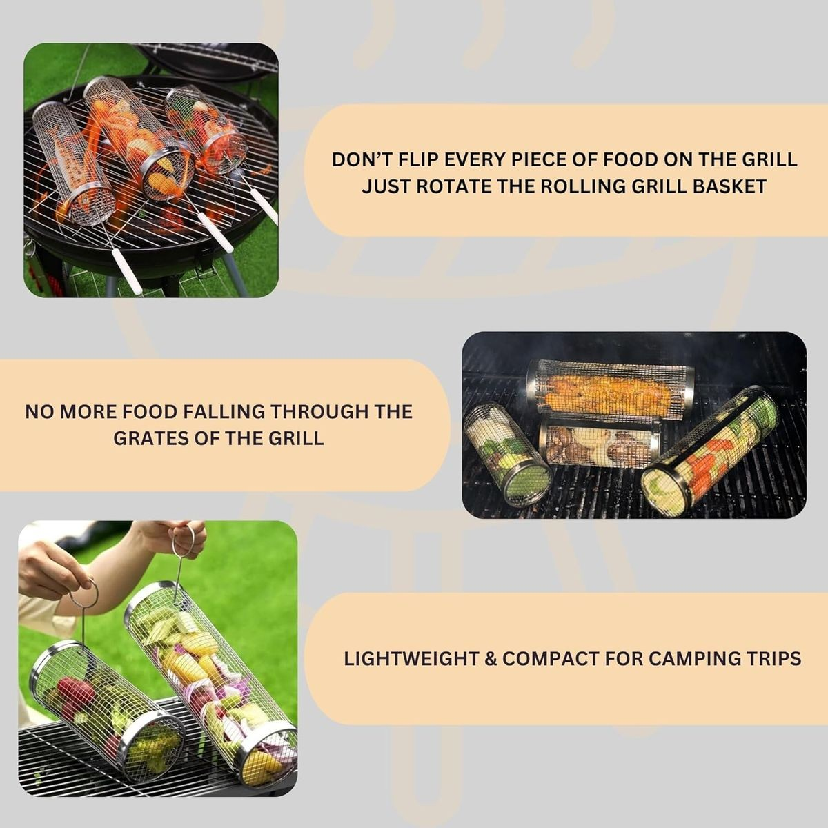 Cart In Mart 2 Pack BBQ Rolling Grill Baskets For Braai Grilling Wooden Handle-Men Gift