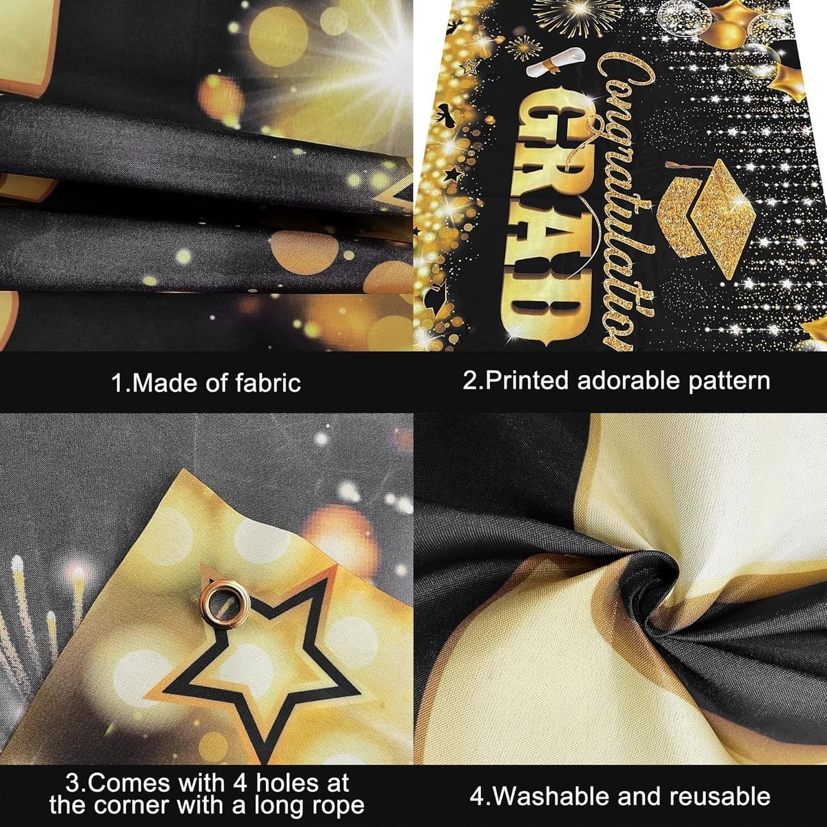 Cart In Mart Congratulations Graduation Banner Backdrop-180x110cm-Glitter Black & Gold
